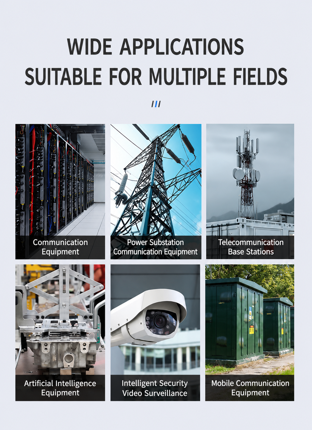 Collage of communication and related equipment with text 'Wide Applications Suitable for Multiple Fields'.