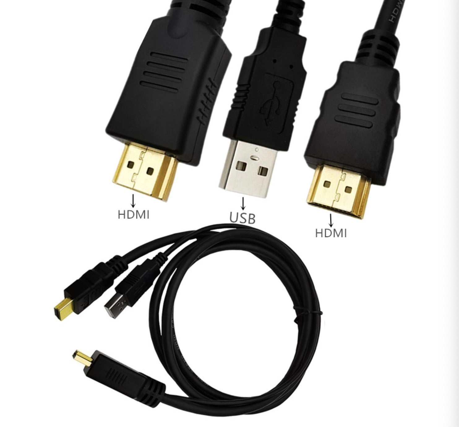 Close-up of HDMI connectors and integrated USB power cable