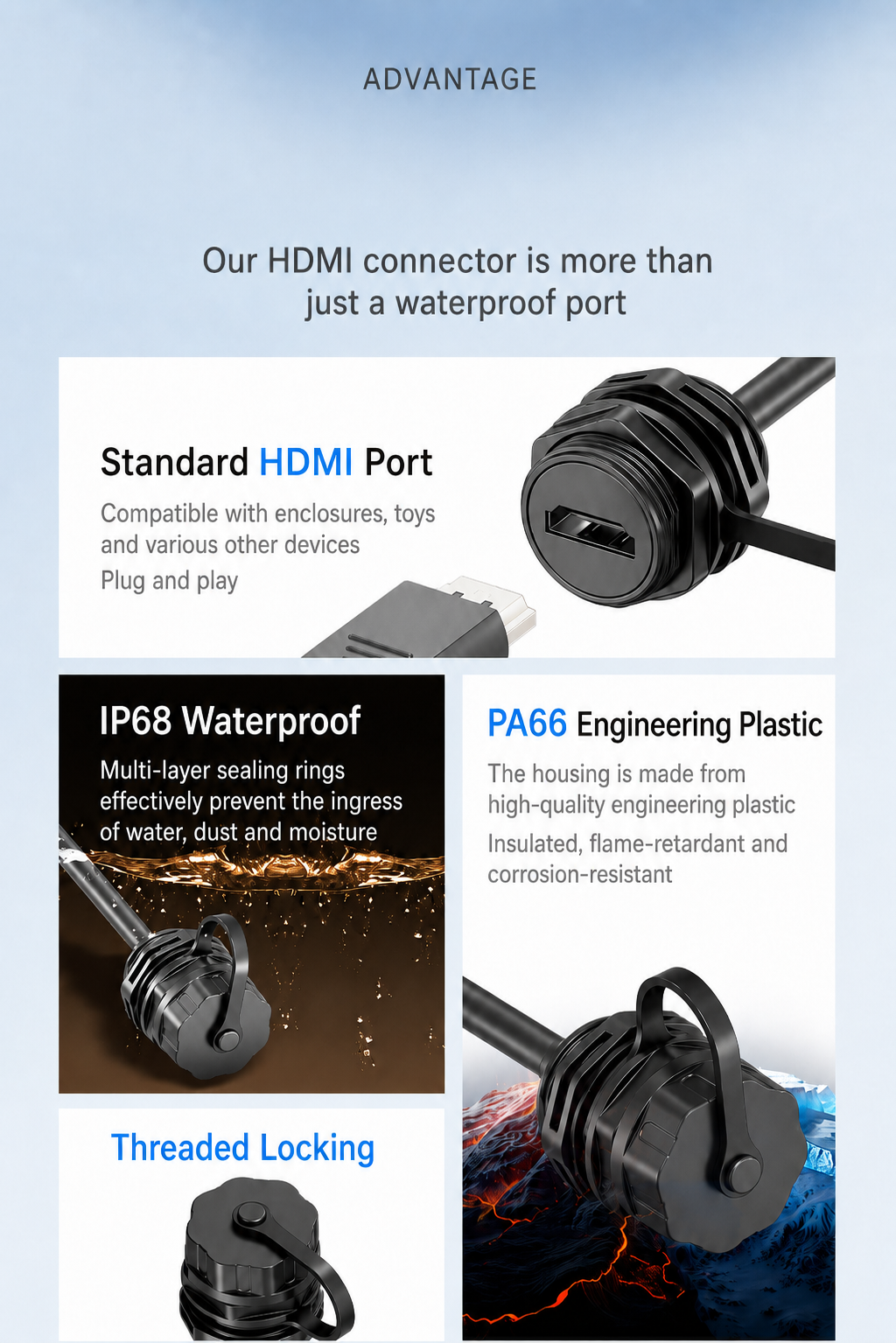 HDMI connector with features highlighted on a blue background