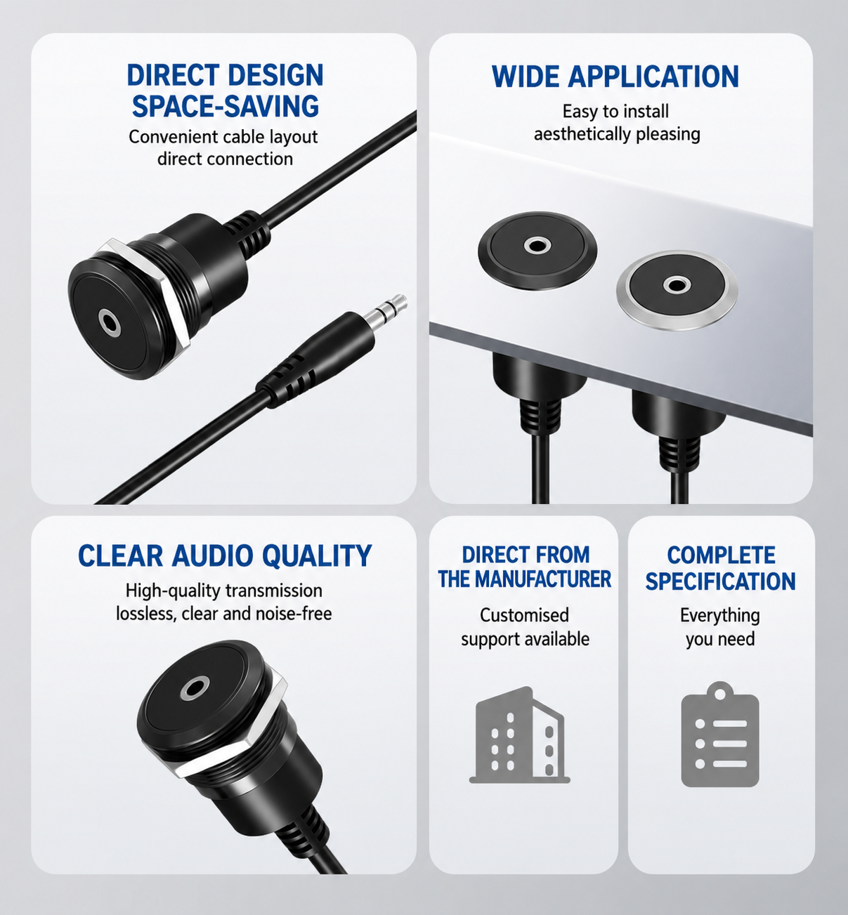 Product features with text on a gray background
