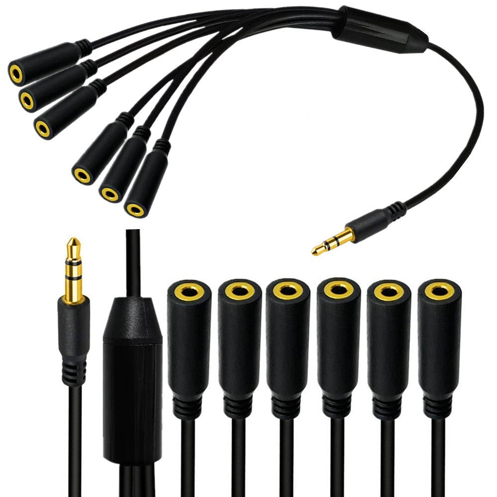 3.5mm six-way headphone splitter cable connected to multiple headphones