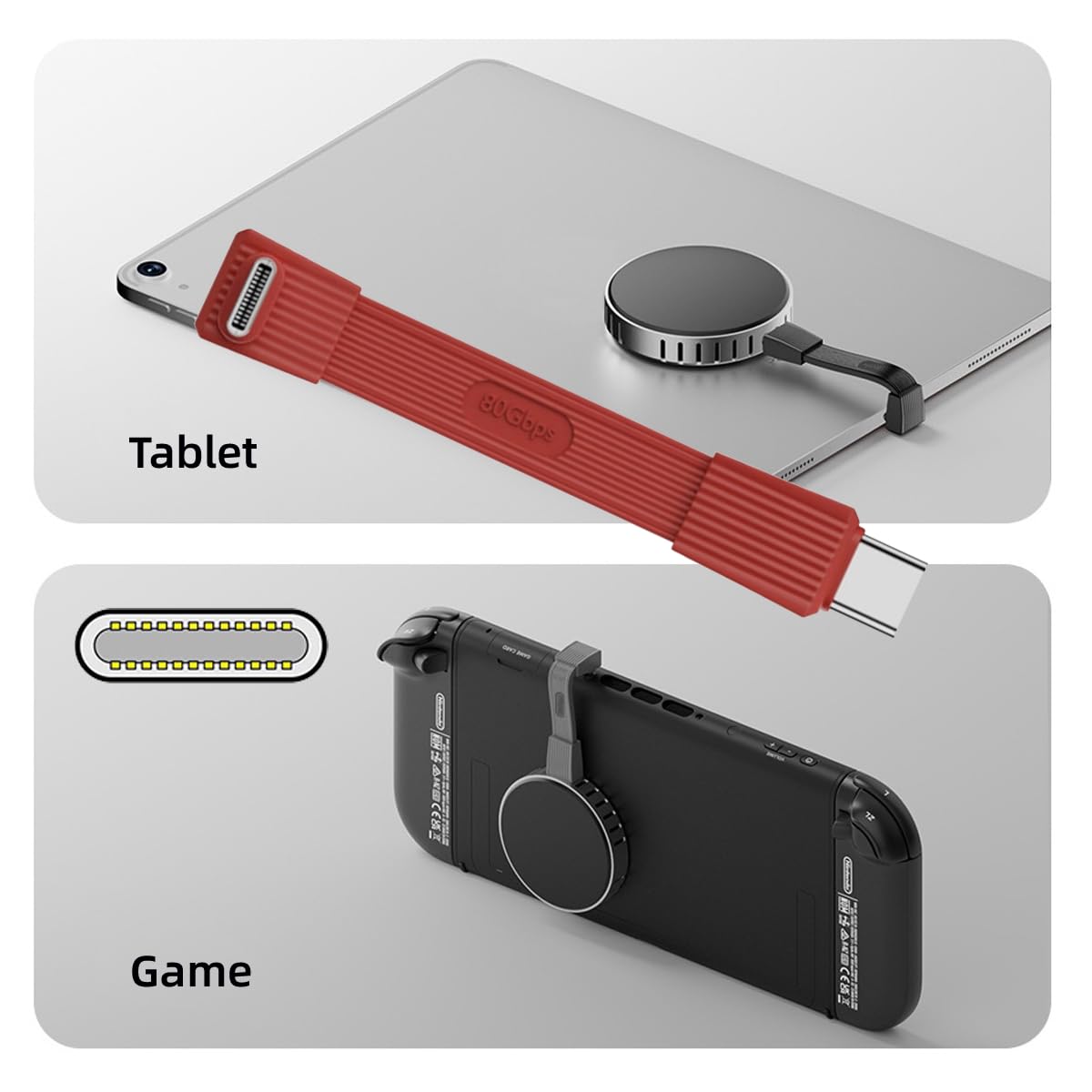 Two smartphone holders, one red and one black, on a gray background with 'Tablet' and 'Game' labels.
