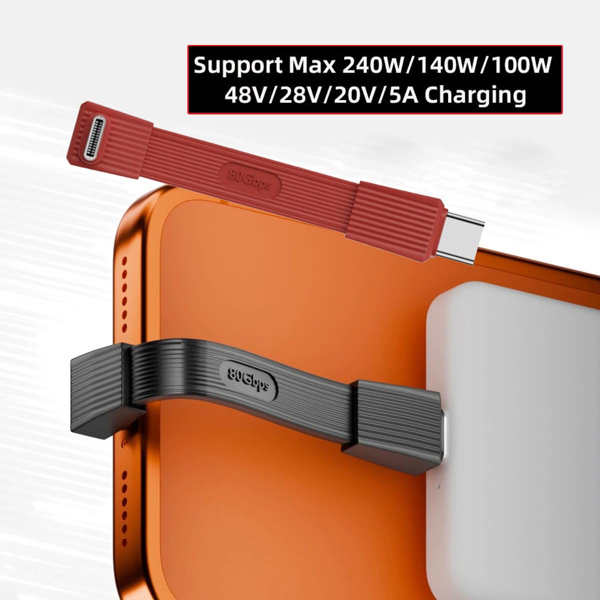 Charging cable and adapter with specifications on a white background