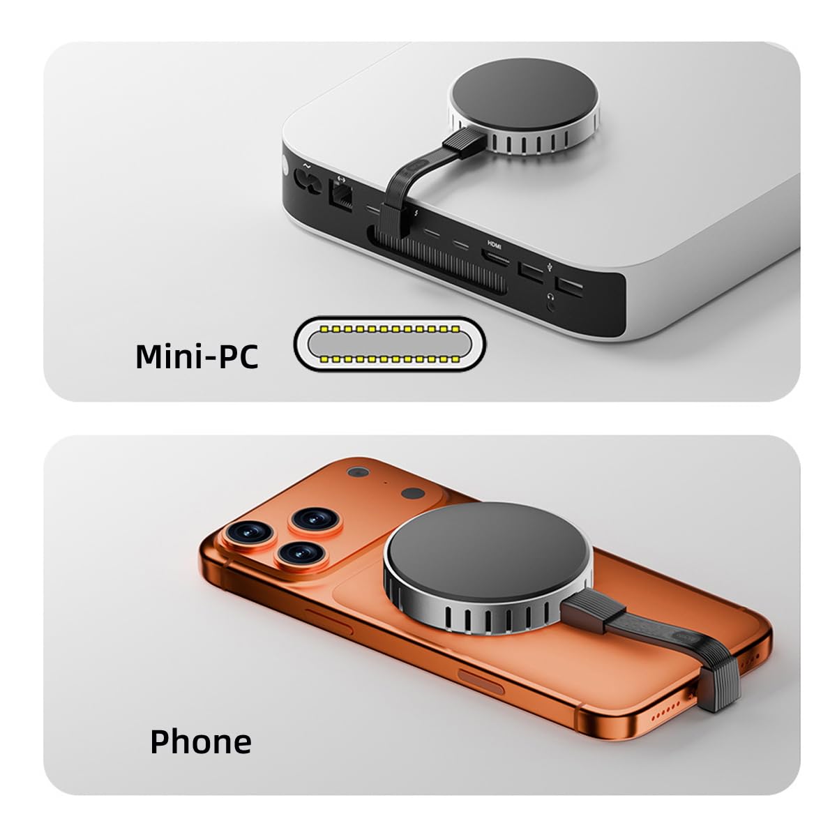 Mini-PC and phone with a magnetic attachment on a light gray background