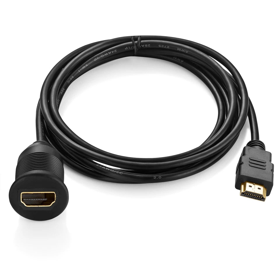 HDMI Male to Female Car Mount Flush Video Extension Cable for Truck Boat Motorcycle Dashboard | Mounting Panel 2m