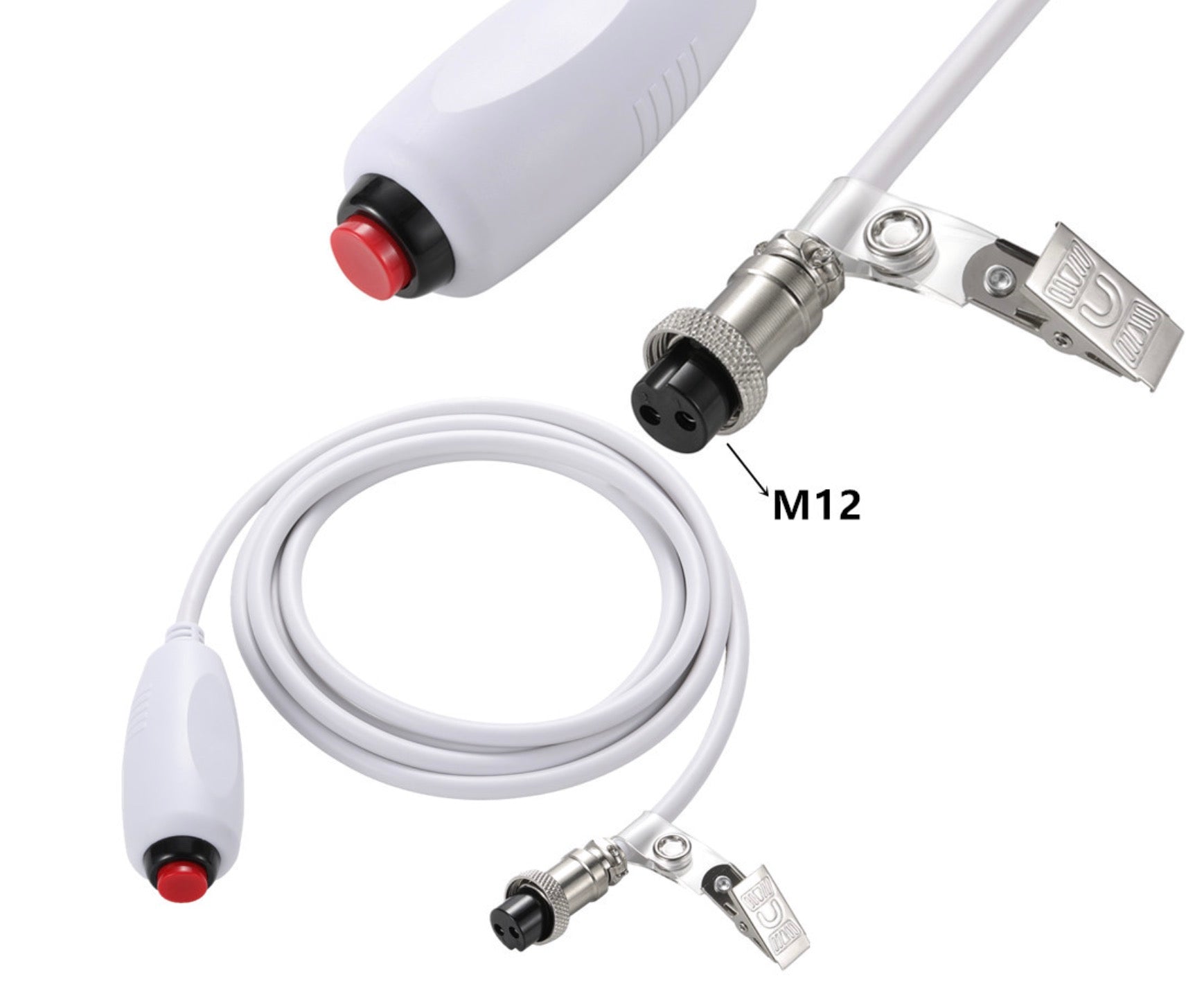 2 Pin M12 nurse call cable showing push button, connector and clip components