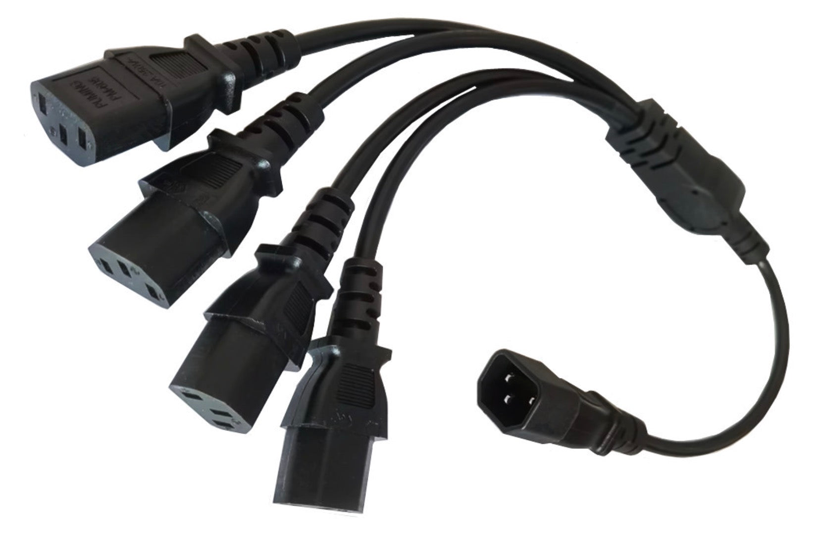 Close up of IEC C14 and IEC C13 connectors on power splitter cable