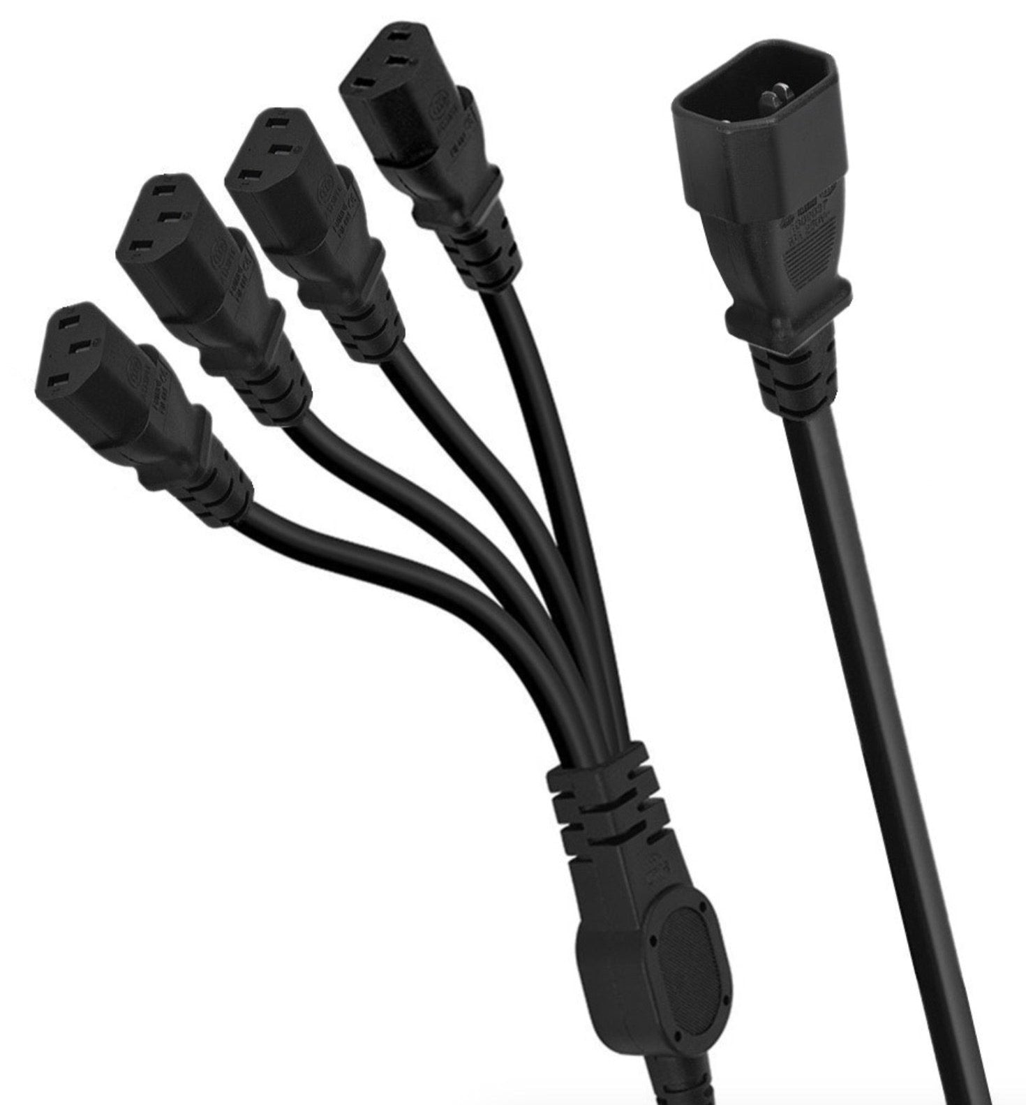 IEC C14 male to four IEC C13 female power splitter cable full length view