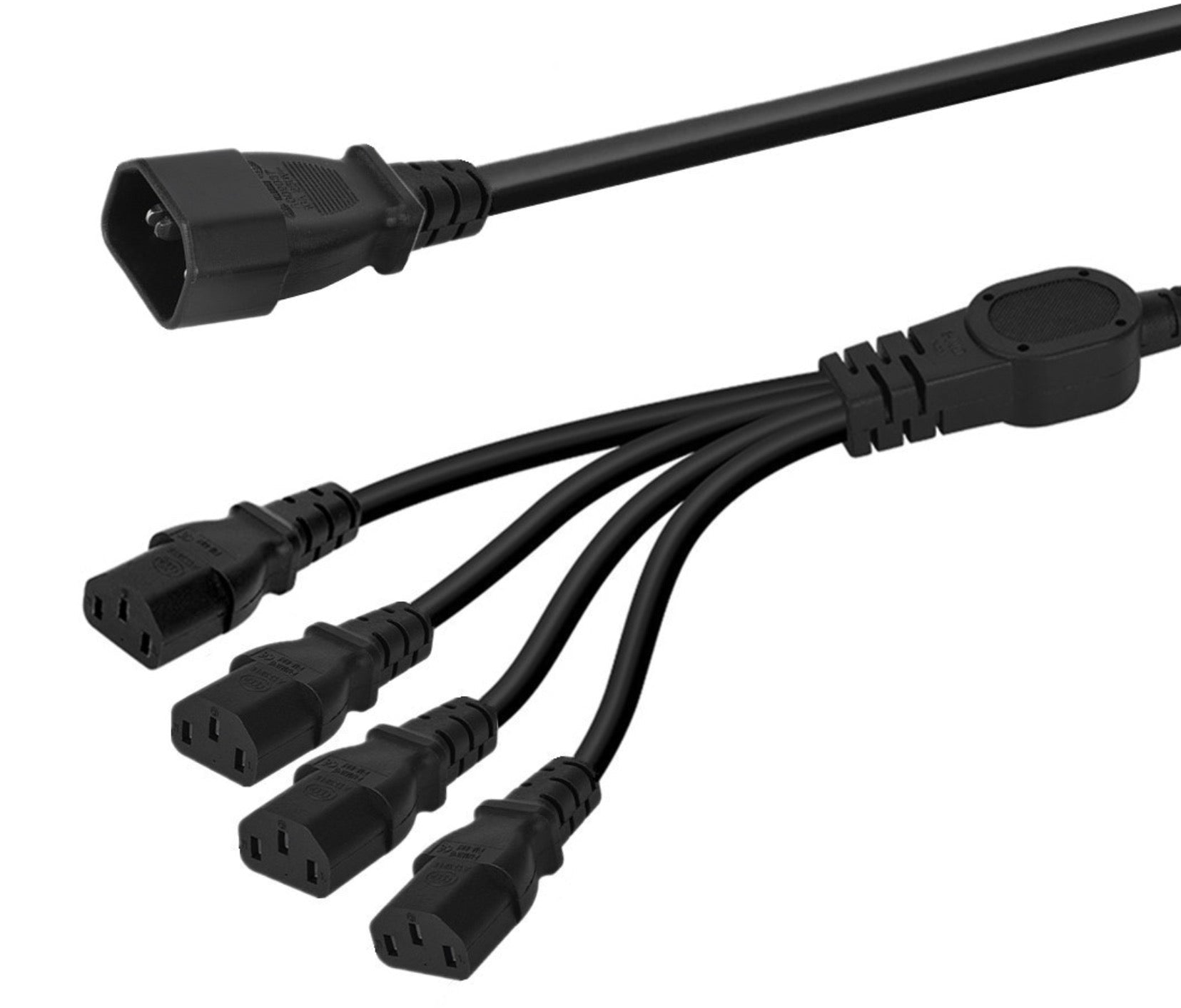 Side view of IEC C14 to 4 x IEC C13 power splitter extension cable
