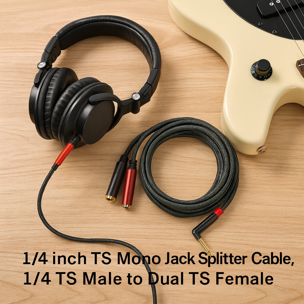Headphones with a 1/4 inch TS Mono Jack Splitter Cable on a wooden surface