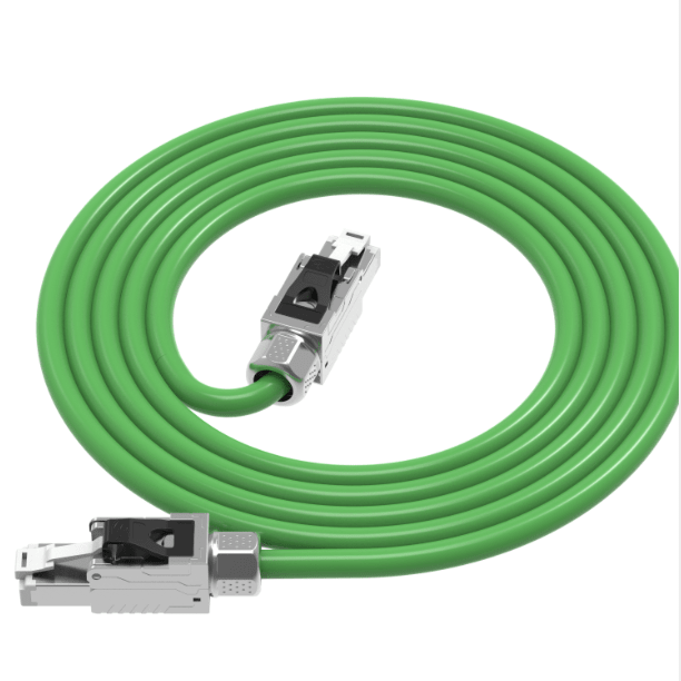 Green fiber optic cable with SC connectors on a white background
