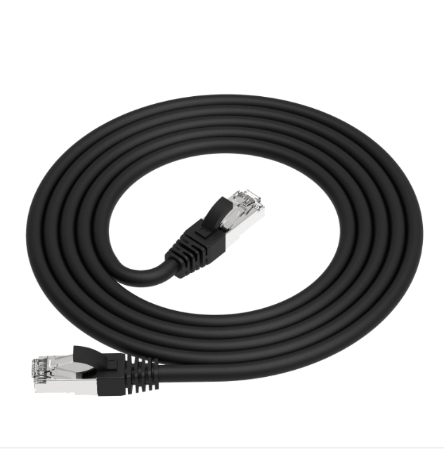 Black Ethernet cable with connectors on a white background