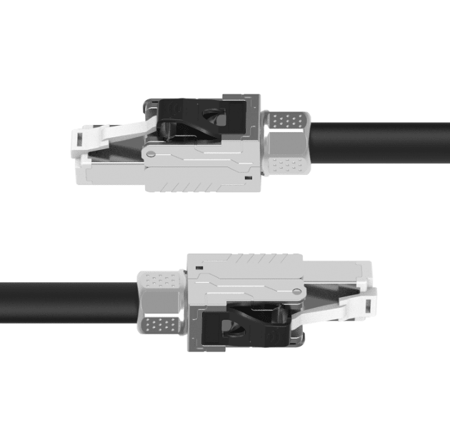 Metallic cable connector with black cable on a white background