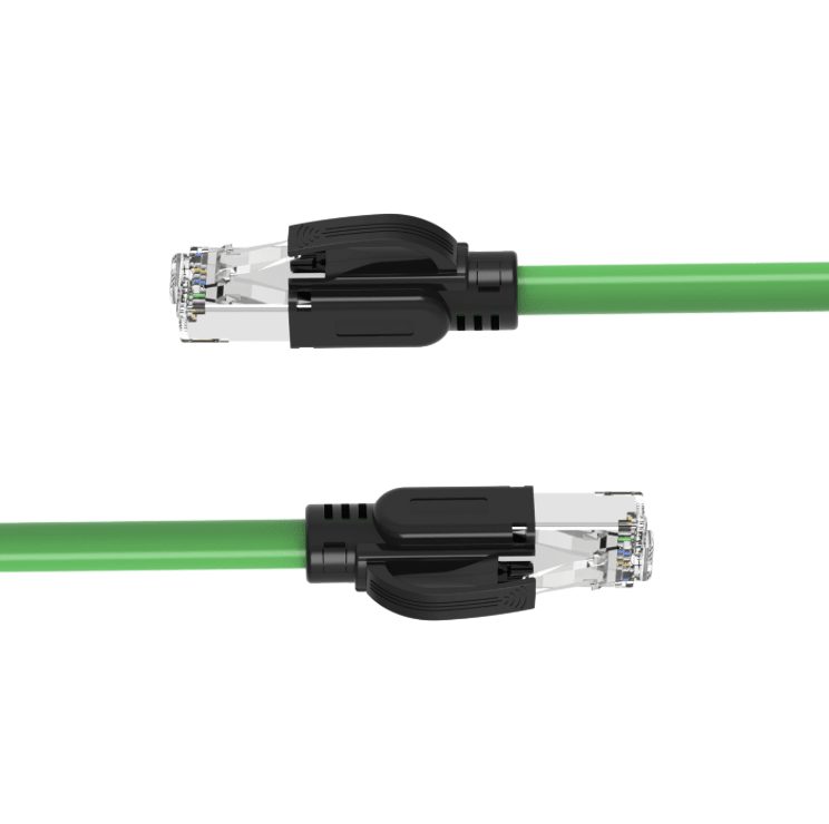 Green Ethernet cable with black connectors on a white background