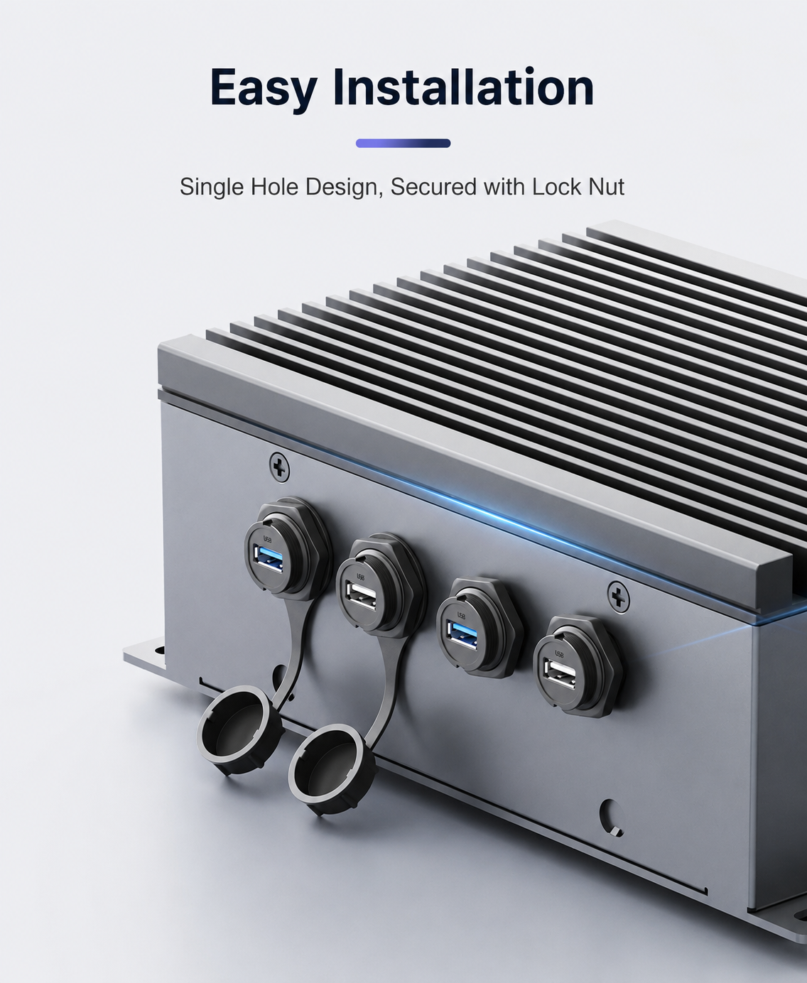 Metallic appliance with USB ports and text about easy installation on a light gray background