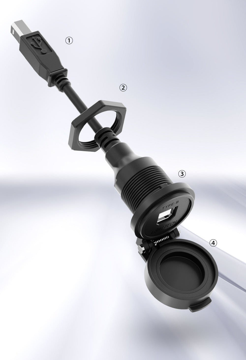 Black outdoor socket with USB cable on a light gray background