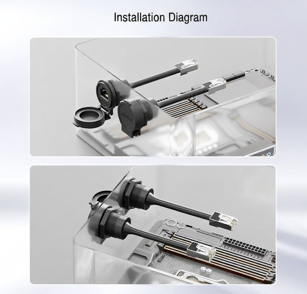 Two views of a mechanical component installation diagram on a white background.