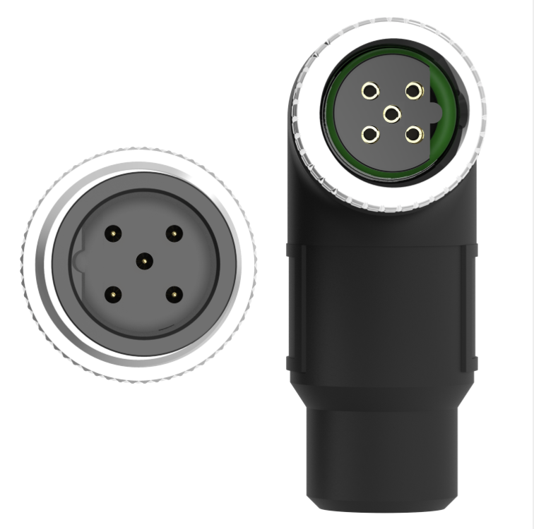 Black electrical connector with detailed view on a white background