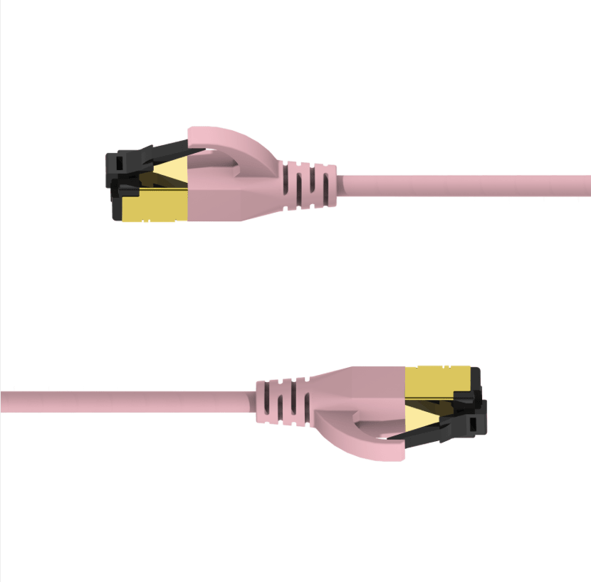 Pink Ethernet cable with black connectors on a white background