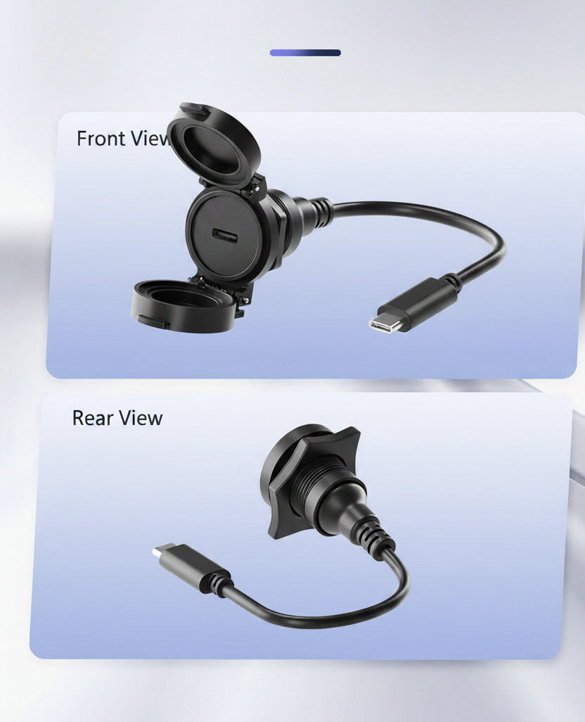 Motorcycle mount with USB cable on a light blue background