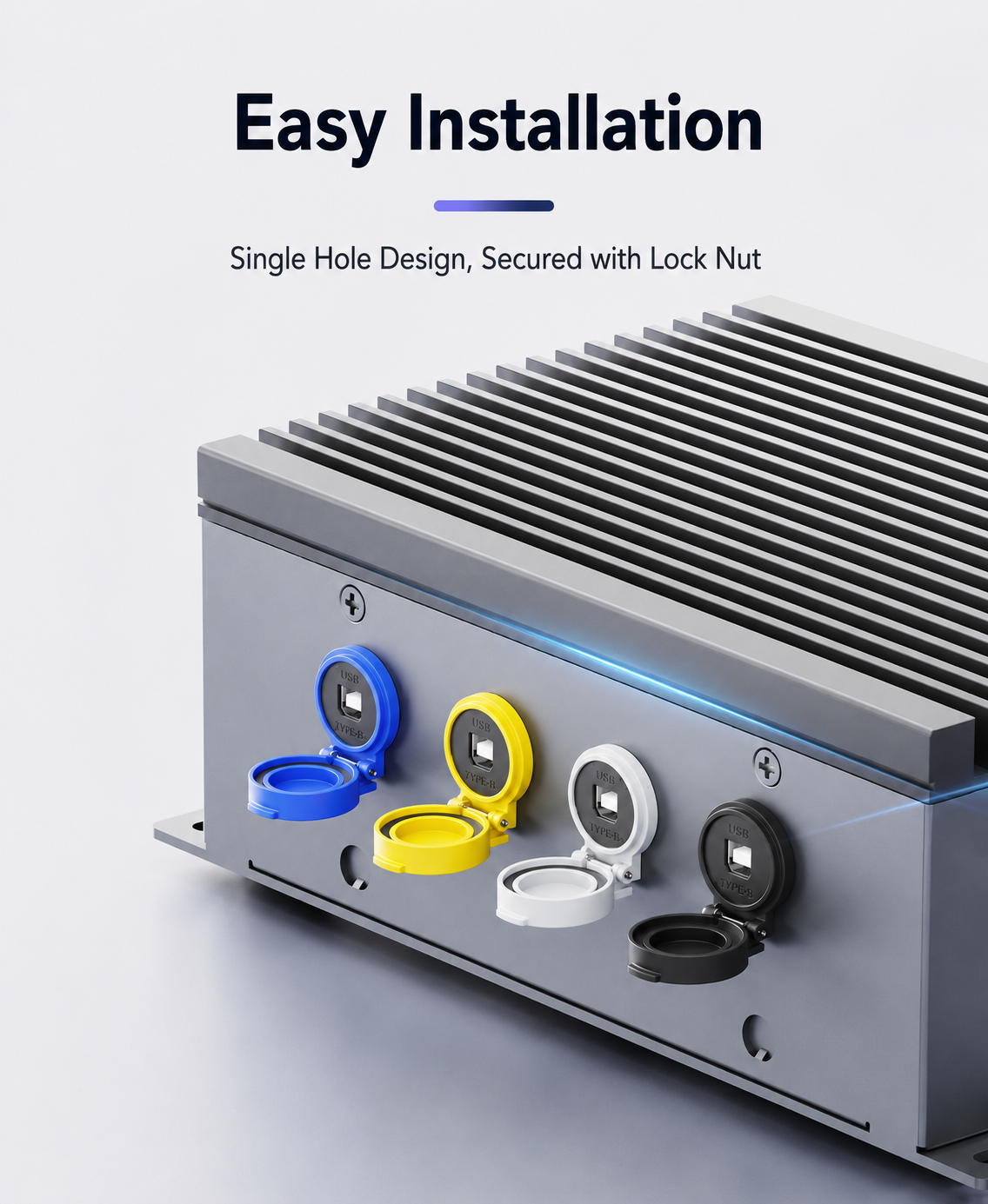 Metallic appliance with colored connectors and text about easy installation.