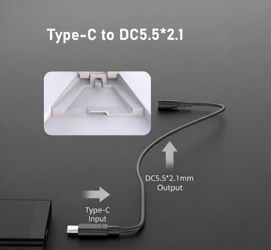 Diagram showing a Type-C to DC5.5*2.1 adapter on a dark background