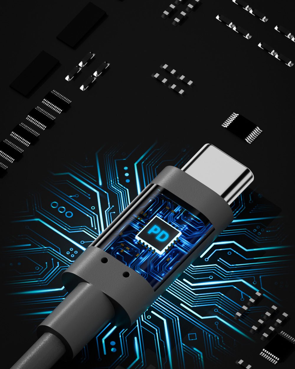 USB cable with a PD chip on a circuit board background