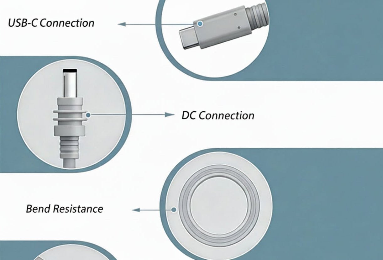 Technical diagram of a cable connector with USB-C, DC, and sealing rubber ring features.
