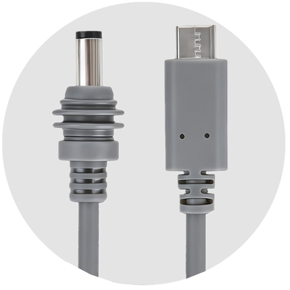 Gray USB cable with connectors on a white background
