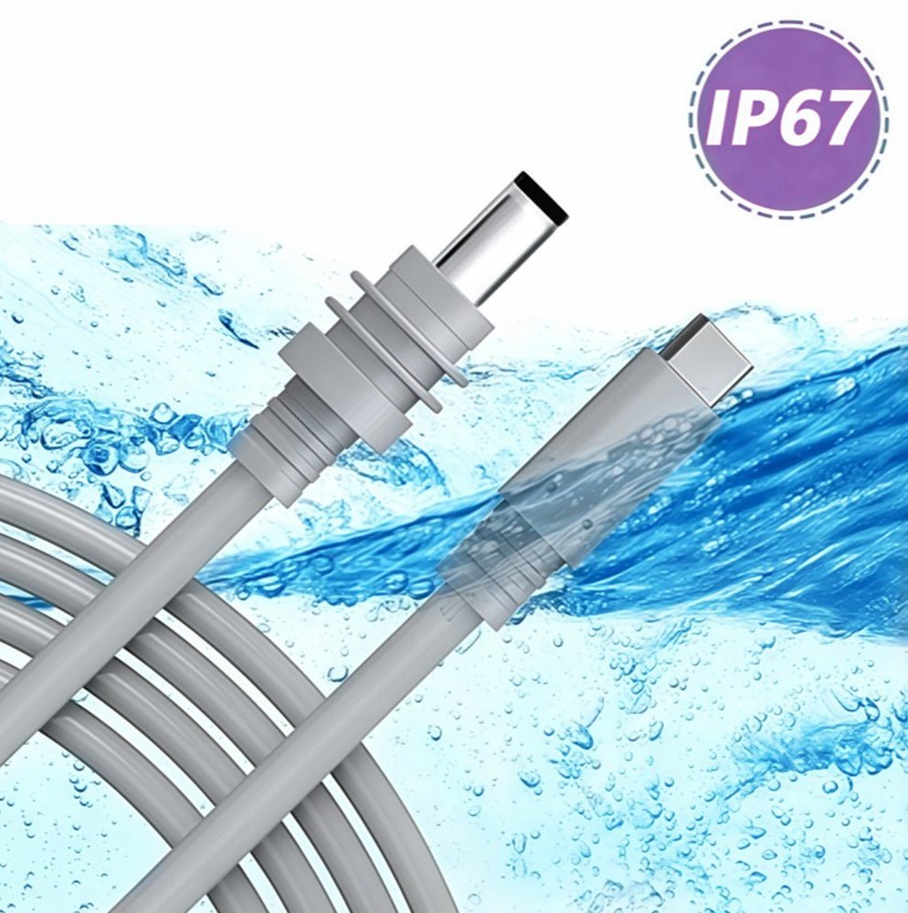 Waterproof cable with connectors on a water-themed background, featuring IP67 rating.