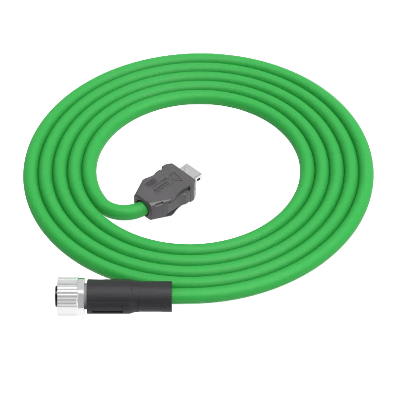 Green garden hose with two connectors on a white background