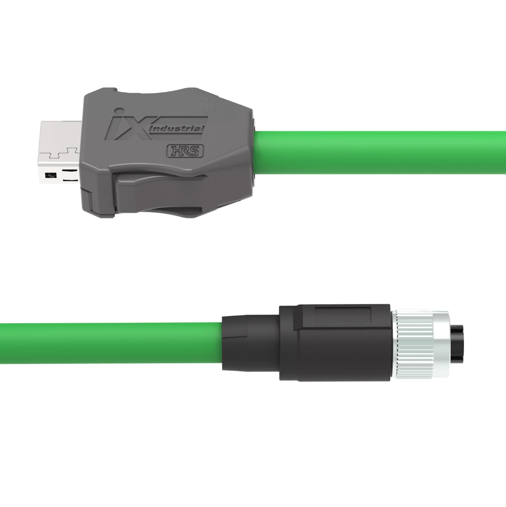 Green cable with a gray connector and black plug on a white background