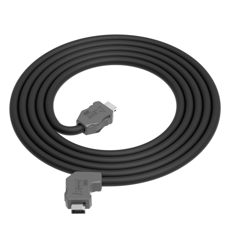 Coiled black cable with connectors on a white background