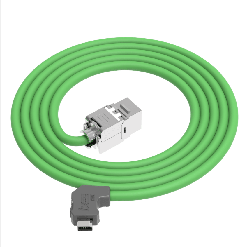 Green cable with two connectors on a white background
