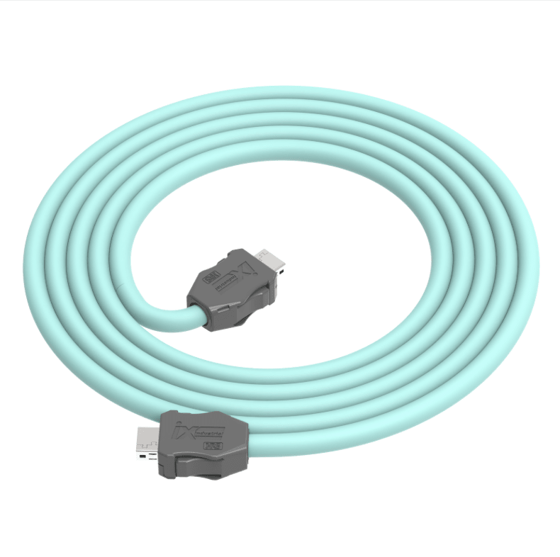 Coiled light blue cable with gray connectors on a white background