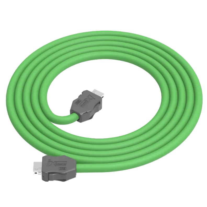 Green cable with gray connectors on a white background