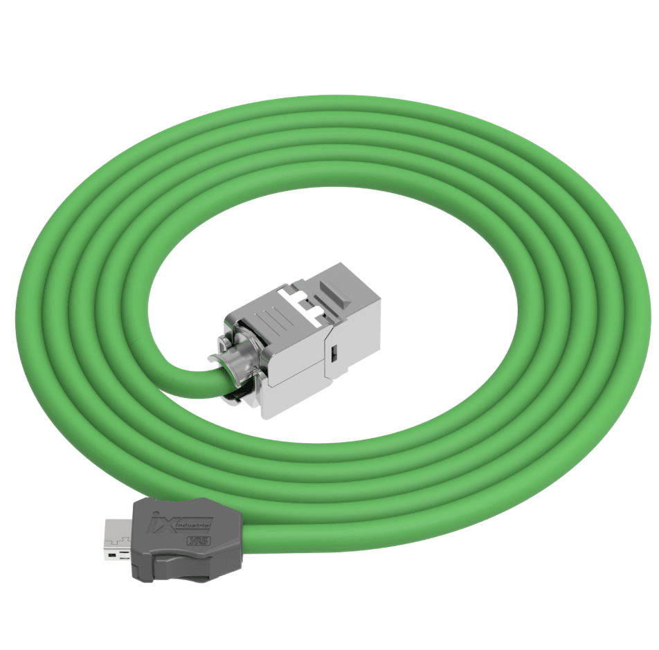 Green cable with two gray connectors on a white background