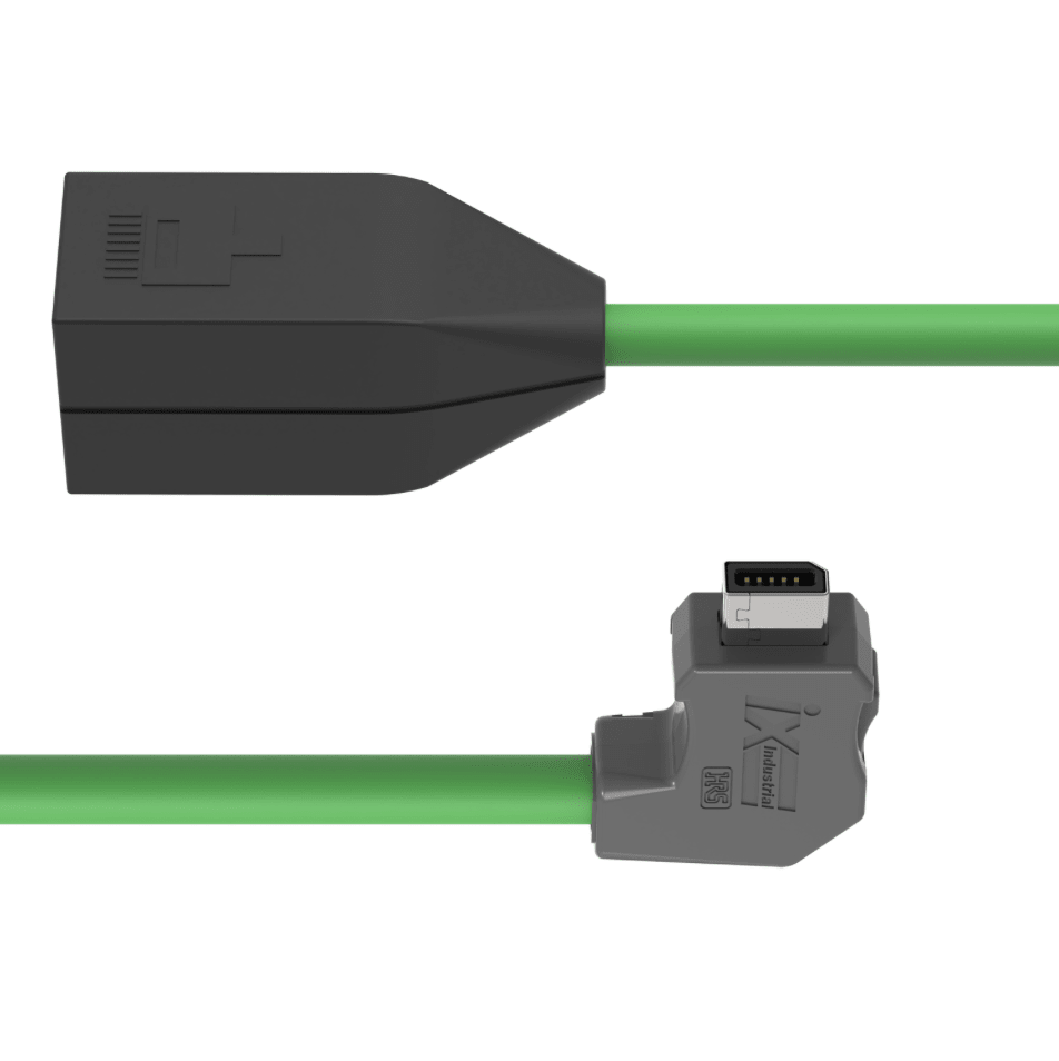 Black and gray cable connector with green cable on a white background