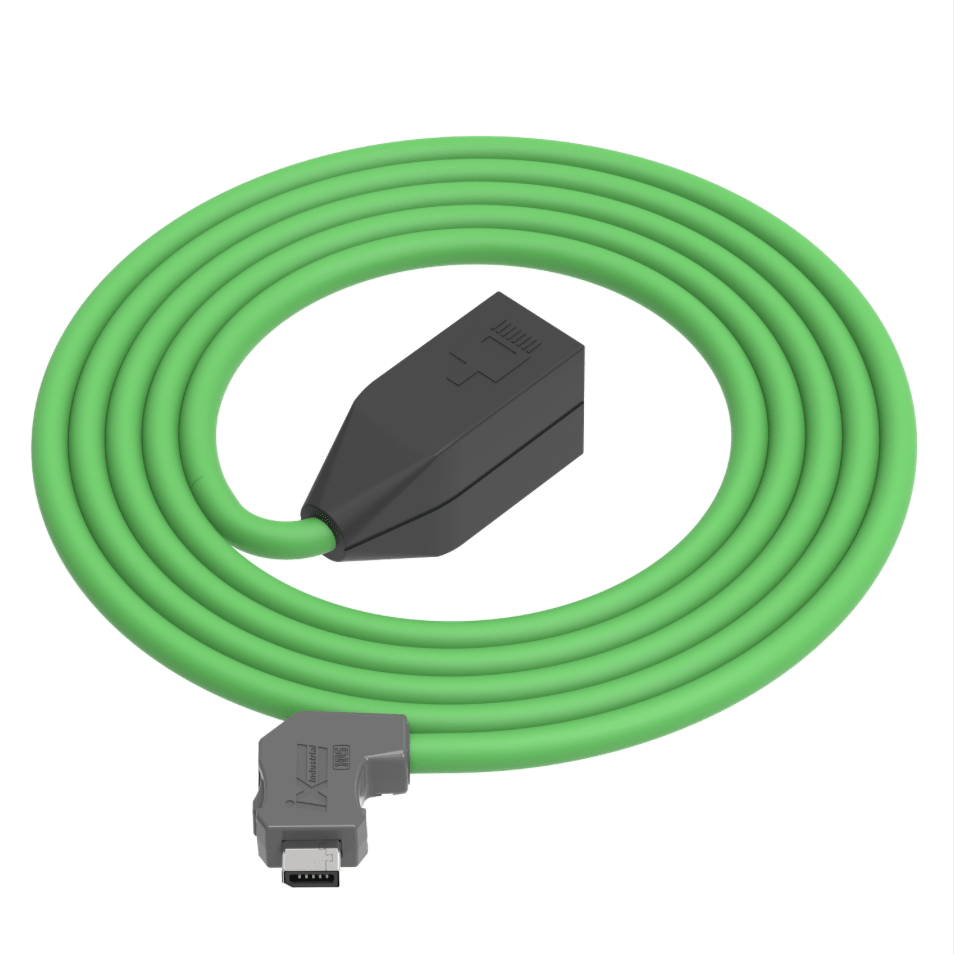Green cable with a black connector and gray adapter on a white background