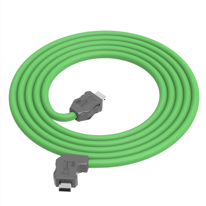 Green cable with gray connectors on a white background