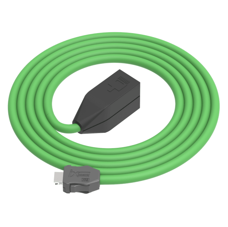 Green cable with black and gray connectors on a white background