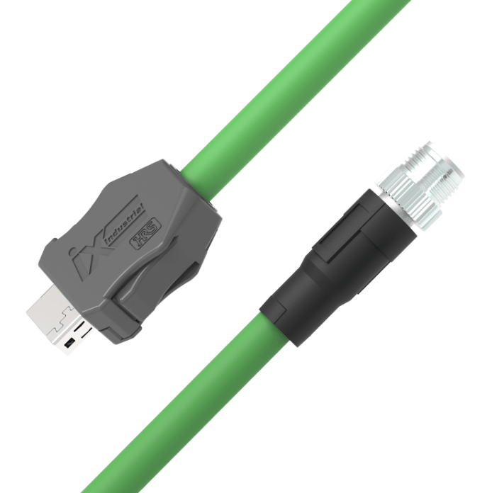 Green ix Industrial CAT6A Ethernet cable with IX A-Key to M12 X-Code male straight connector