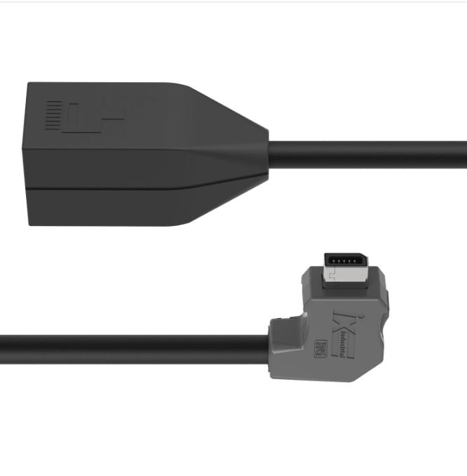 Black cable with a connector on a white background