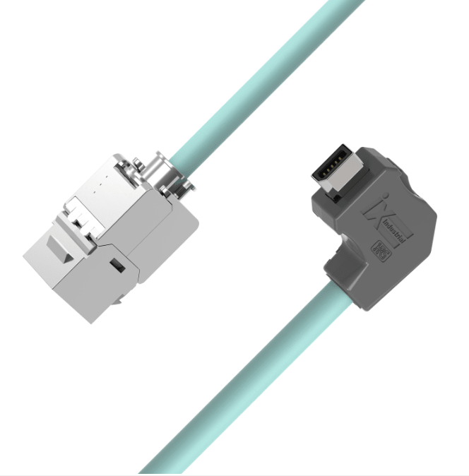 IX A-key down angled to RJ45 keystone jack CAT6A Ethernet cable