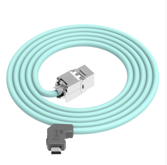 Light blue cable with metal connectors on a white background