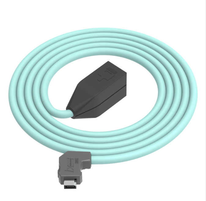 Light blue cable with black and gray connectors on a white background