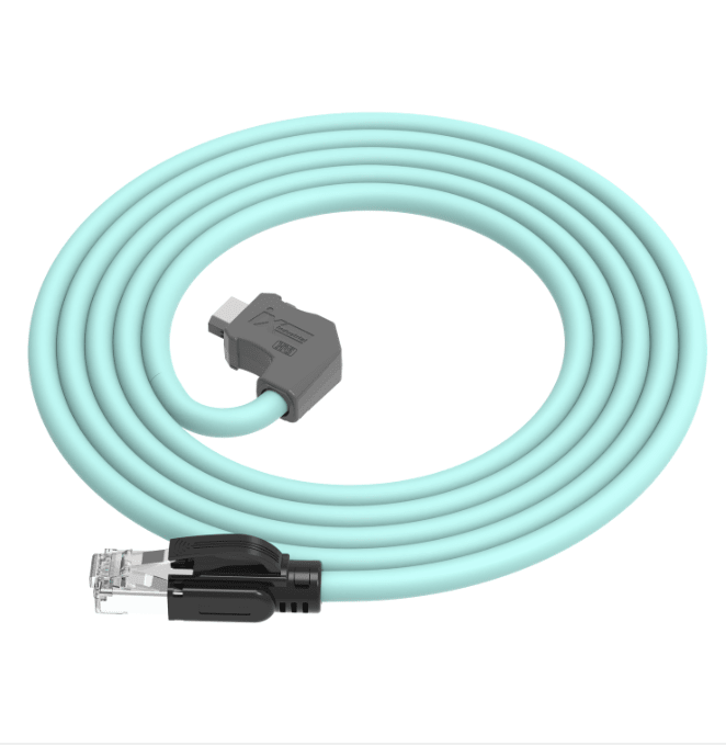 IX Industrial CAT6A Shielded TPE Teal Ethernet Cable – IX A-Key Downward Angled to RJ45 Male