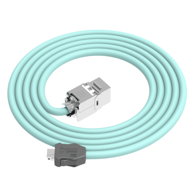 Light blue USB cable with connectors on a white background