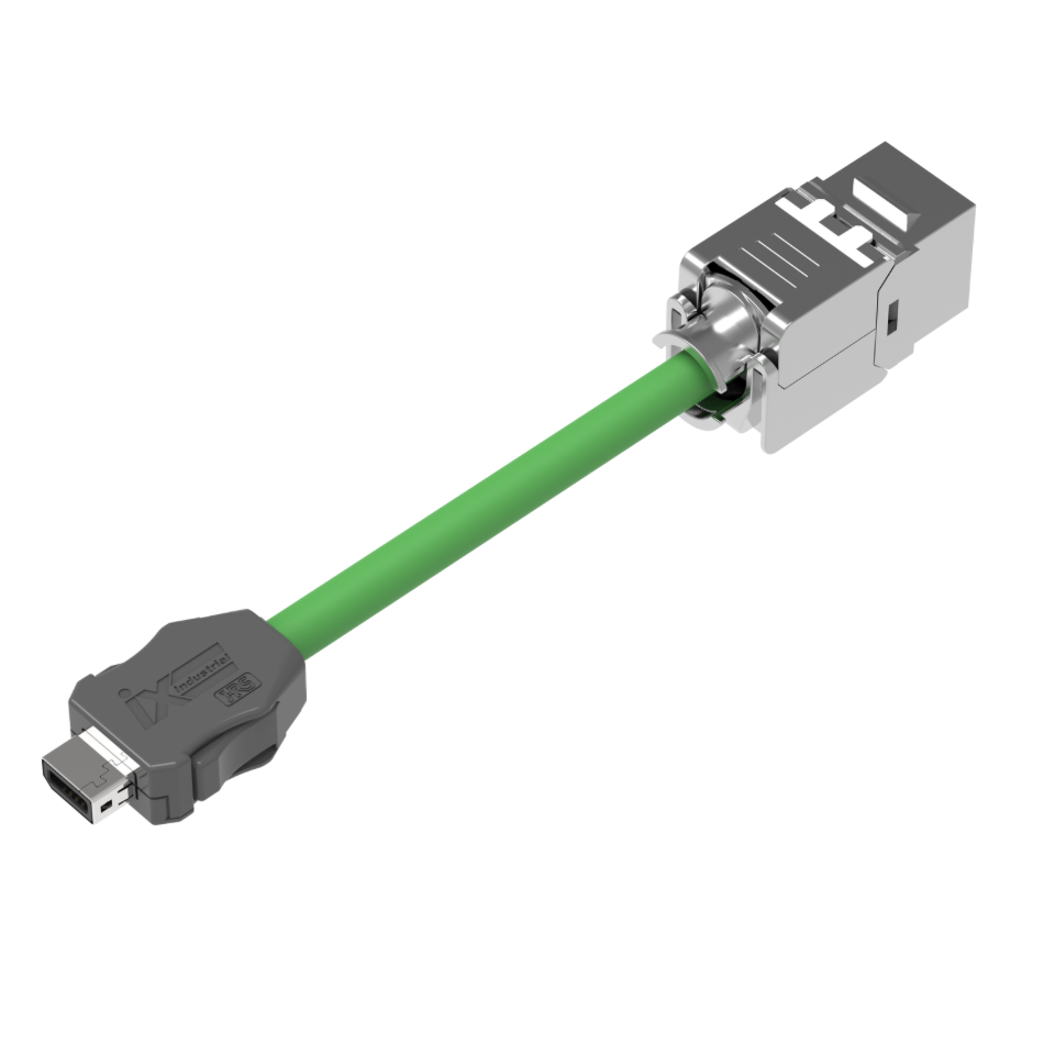 Green cable with a metallic connector on a white background
