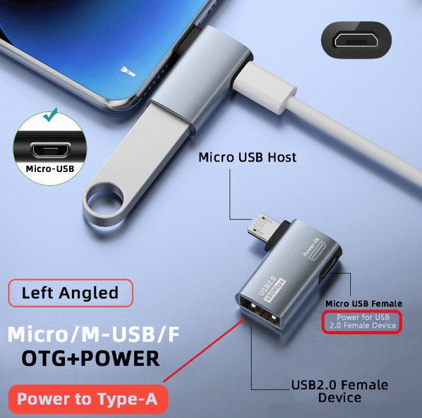 90 degree left-angle Micro USB OTG adapter for tight spaces